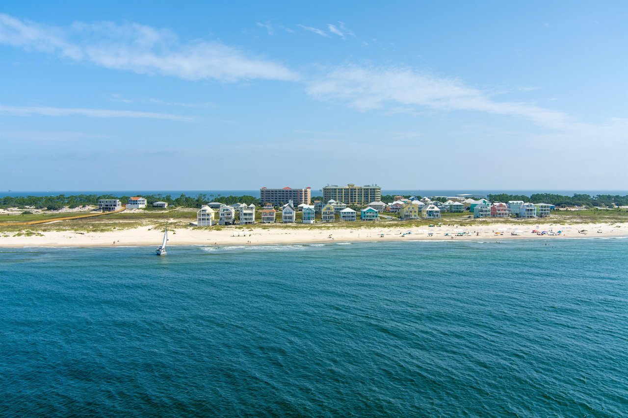 Aerial view from the Gulf of vacation homes in Fort Morgan beach, AL